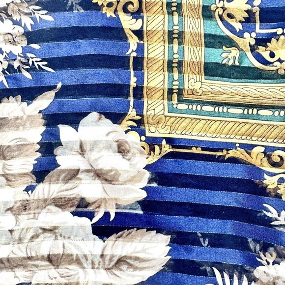 Scarf 36 inch Square Blue Green Cream Gold Flowers - Picture 3 of 3